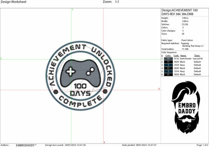 Machine Embroidery files, 100 Days of School, Gamer Gaming 100th Day of School Student, 100 Days Unlocked, DST, PES, xxx, hus & more
