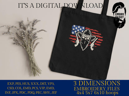 Machine Embroidery files, US Cowboy skeleton with gun, Usa Flag, PES, DST, xxx, hus & more