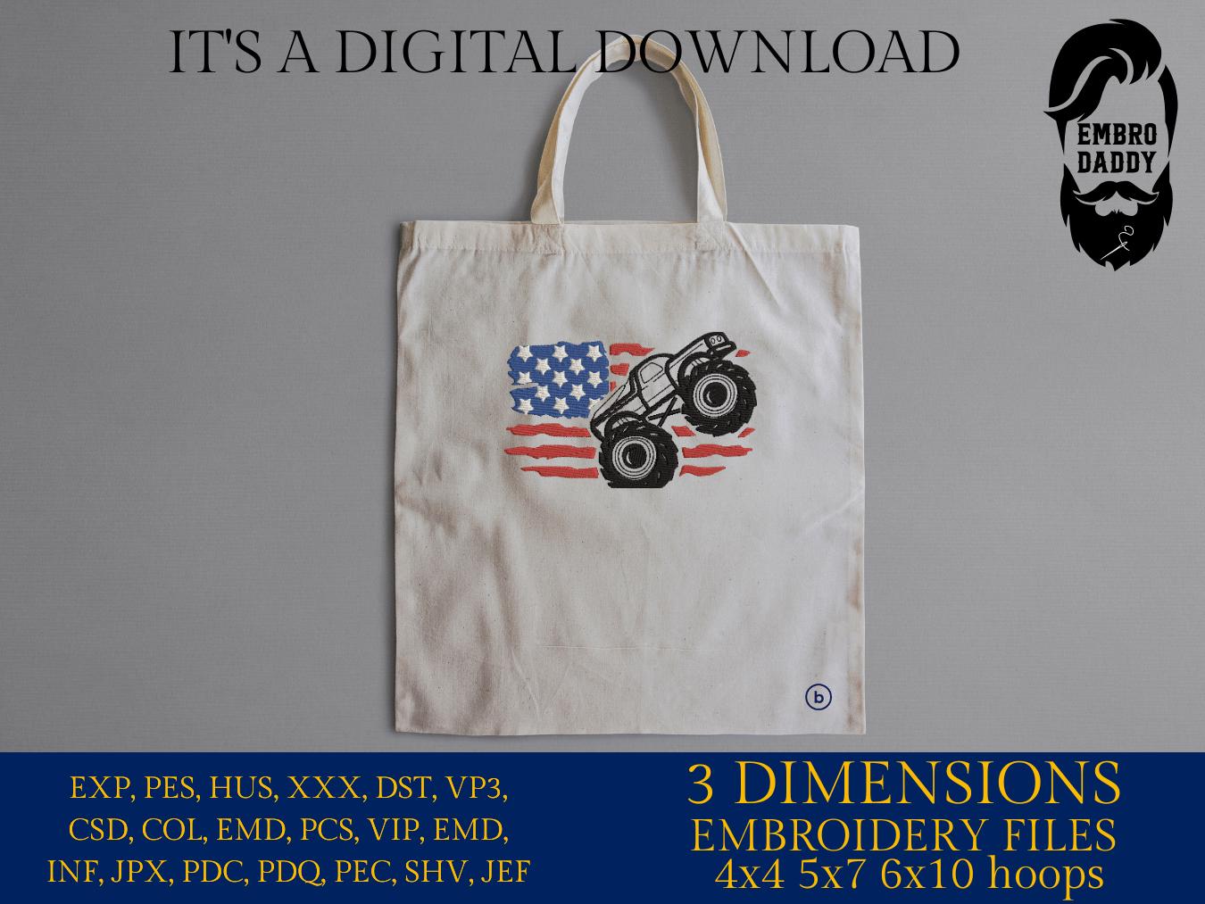 Machine Embroidery files, American Flag, Monster truck, PES, dst, xxx hus & more