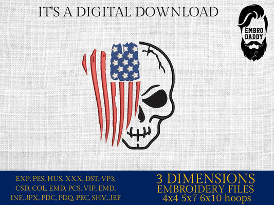 Machine Embroidery files, Usa Skull Flag, Second Amendment, Patriotic, America , DST, PES, xxx, hus & more, embroidery files