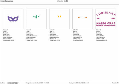 Machine Embroidery files, Louisiana Mardi Gras Embroidery Designs, Est 1699, Mardi Gras holiday PES, xxx hus & more