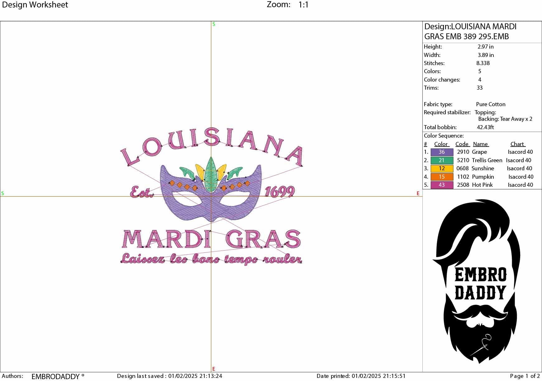 Machine Embroidery files, Louisiana Mardi Gras Embroidery Designs, Est 1699, Mardi Gras holiday PES, xxx hus & more