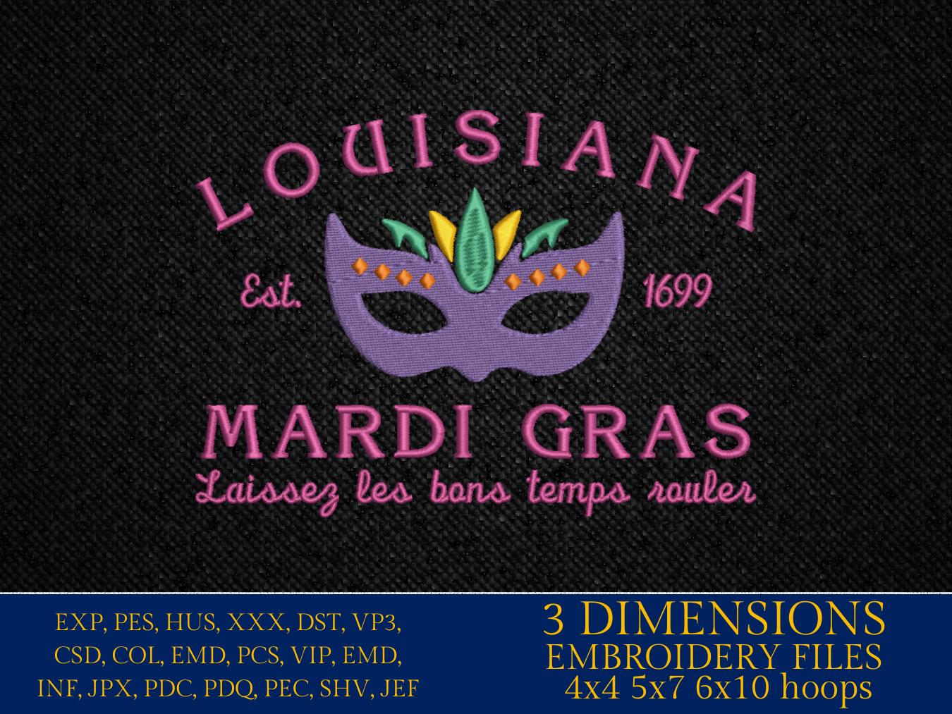 Machine Embroidery files, Louisiana Mardi Gras Embroidery Designs, Est 1699, Mardi Gras holiday PES, xxx hus & more
