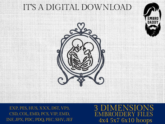 Machine Embroidery files, Skeleton Lovers Frame, Dead Love, Romantic, PES, xxx, hus & more