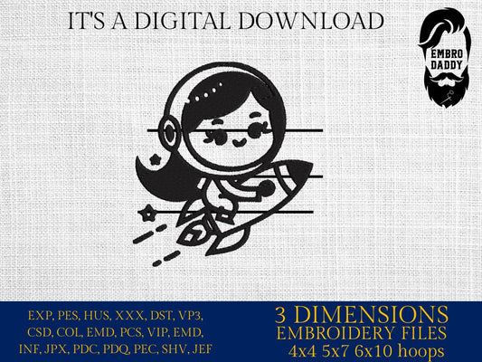 Machine Embroidery files, Cute Girl Space Astronaut Riding A Rocket , cute girl, PES, DST, xxx, hus & more