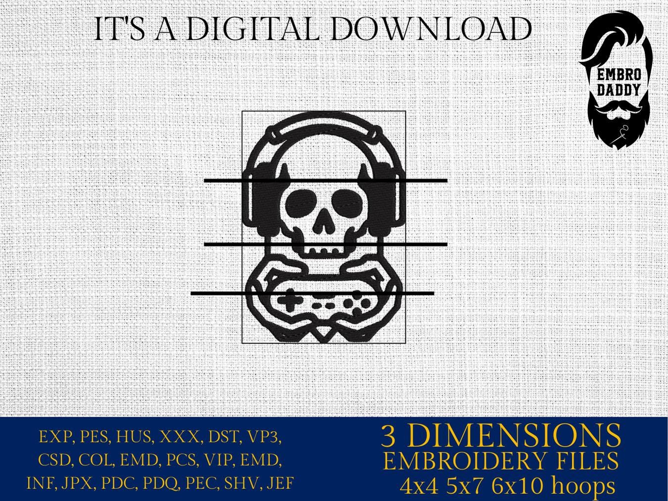 Machine Embroidery files, skull gamer, dst, PES, xxx, hus & more