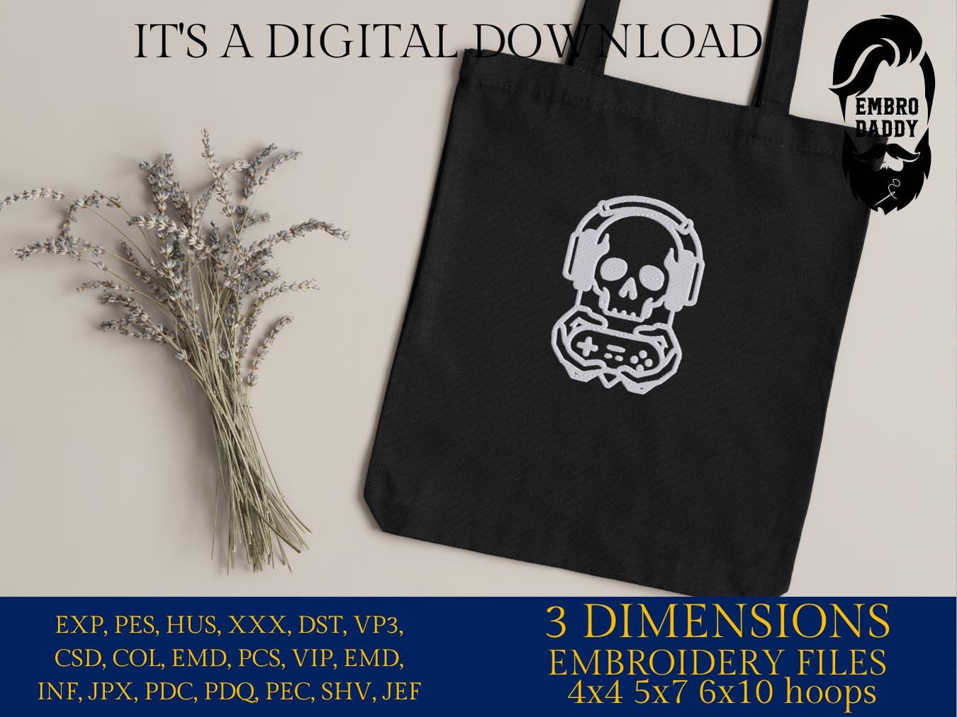 Machine Embroidery files, skull gamer, dst, PES, xxx, hus & more