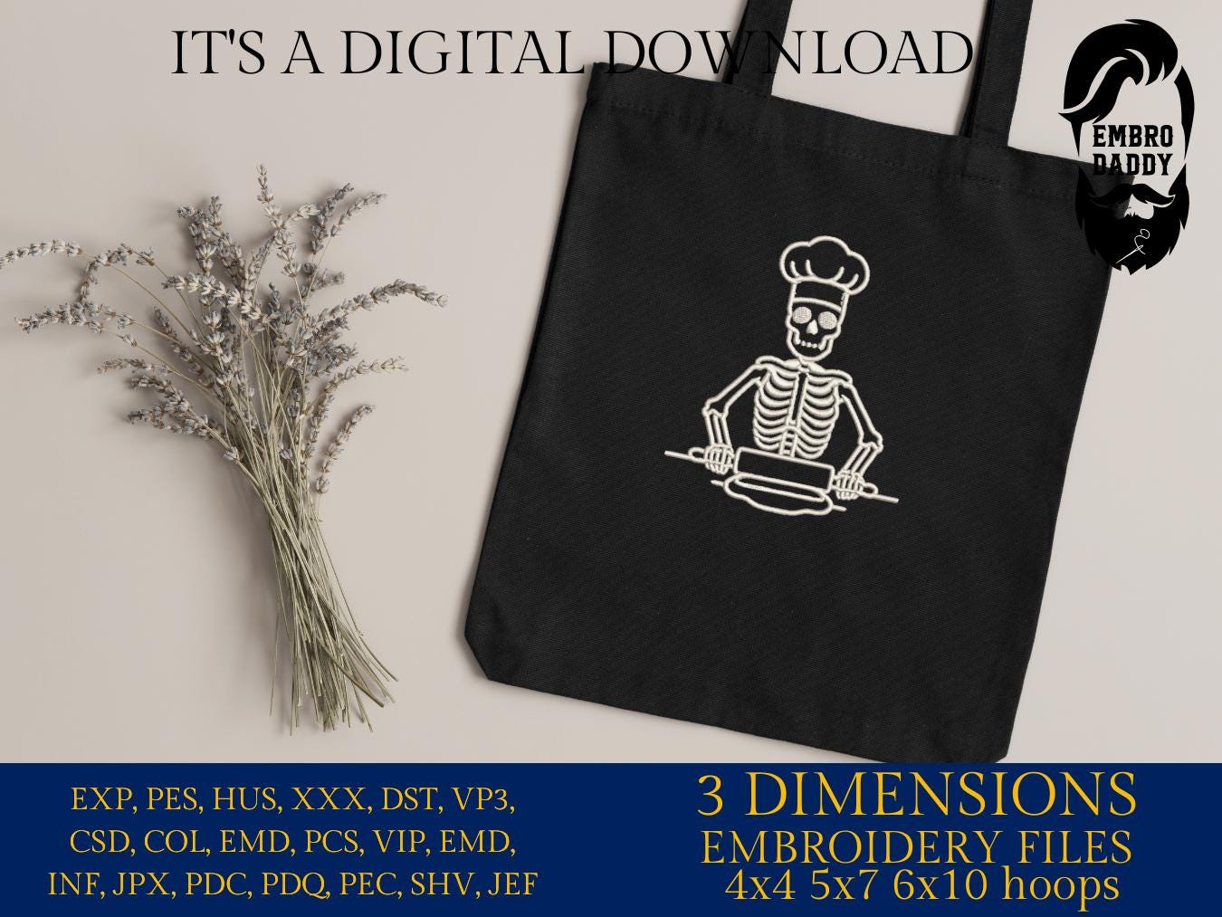 Machine Embroidery files, Baker Skeleton, Baking, Rolling Pin Bake Cake Pastries Cupcake Pastry Bread Pasta, PES, xxx, hus & more