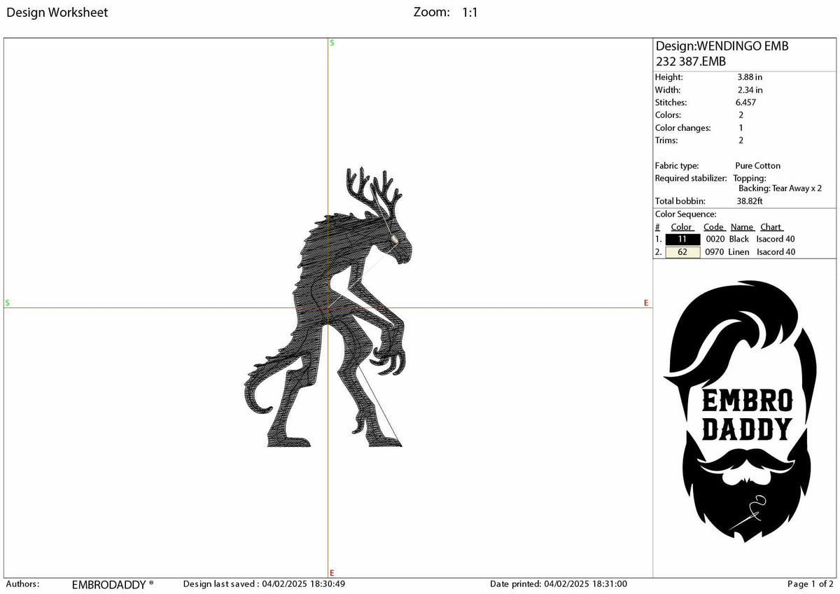 Machine Embroidery files, Wendigo, Windigo, Scary Monster, Halloween, Scary, PES, DST, xxx, hus and more