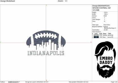 Machine Embroidery files, Indianapolis City skyline, football gift idea PES, dst, xxx, hus & more