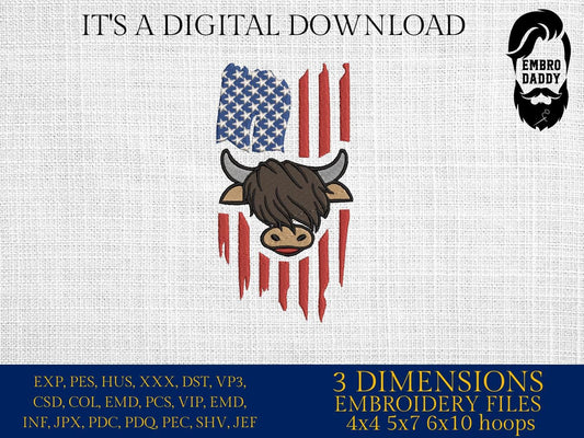 Machine Embroidery files, Highland cow, US flag, cow face, cow head, Usa Flag PES, DST, xxx, hus & more