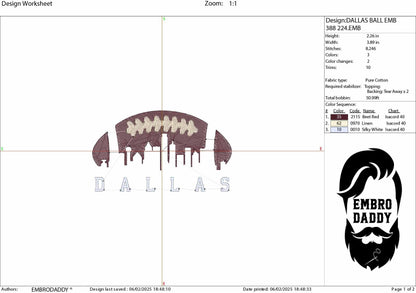 Machine Embroidery files, Dallas City skyline, football gift idea PES, dst, xxx, hus & more