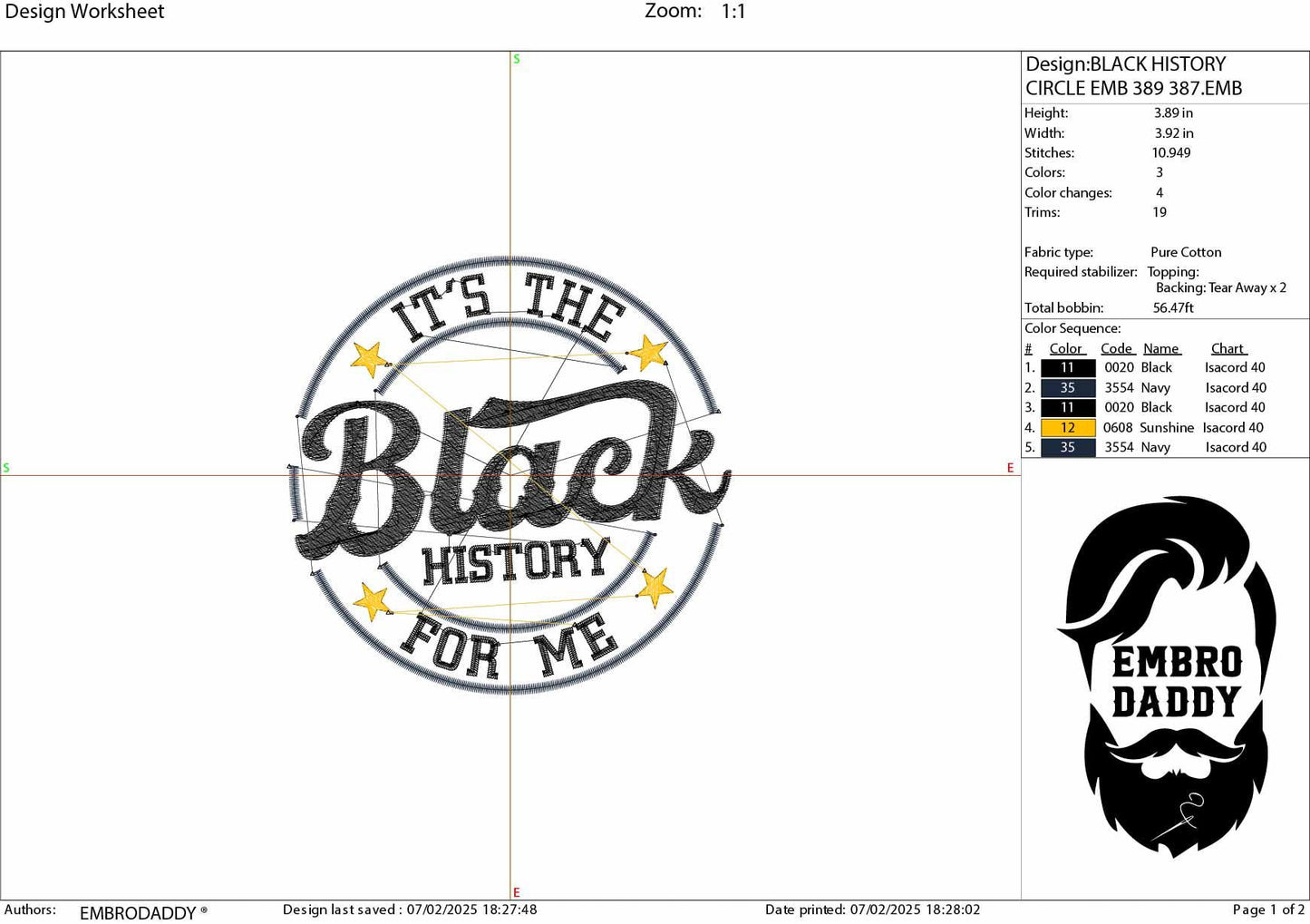 Machine Embroidery files, it's the black history for me, PES, hus, dst, vp3 & more