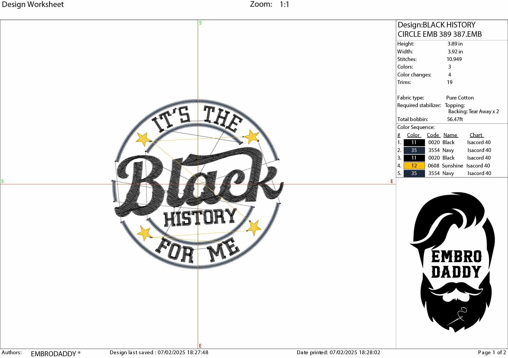 Machine Embroidery files, it's the black history for me, PES, hus, dst, vp3 & more