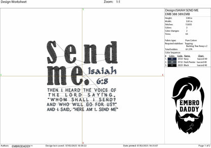 Machine Embroidery files, Send me, Isaiah 6:8, PES, xxx, DST, hus & more