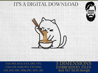 Machine Embroidery files, Cute Cat, Japanese Noodle, Cartoon Cat, Cat Eating Ramen, PES, DST, xxx, hus & more