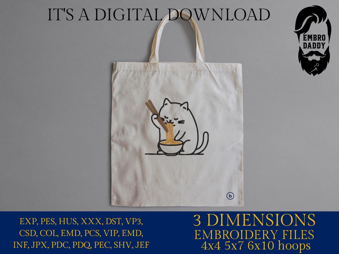 Machine Embroidery files, Cute Cat, Japanese Noodle, Cartoon Cat, Cat Eating Ramen, PES, DST, xxx, hus & more