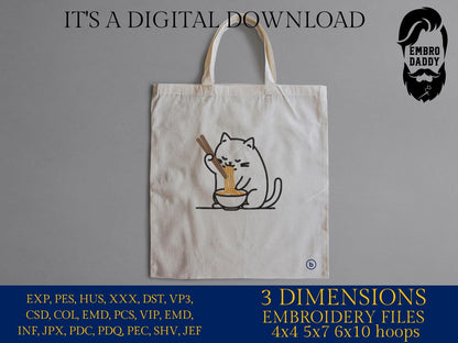 Machine Embroidery files, Cute Cat, Japanese Noodle, Cartoon Cat, Cat Eating Ramen, PES, DST, xxx, hus & more