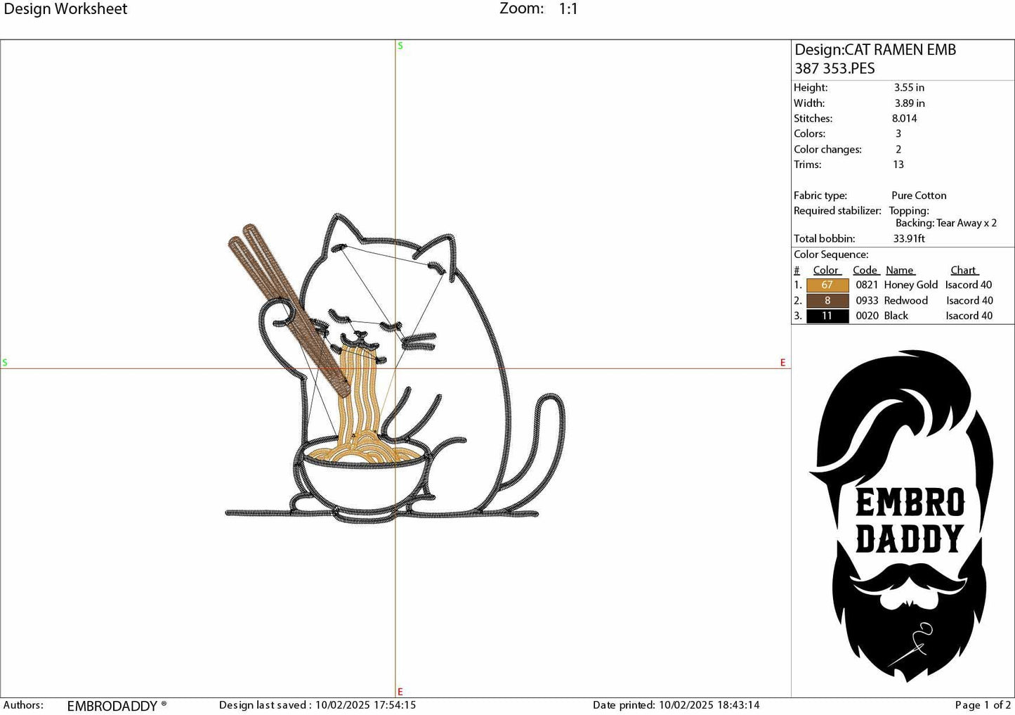 Machine Embroidery files, Cute Cat, Japanese Noodle, Cartoon Cat, Cat Eating Ramen, PES, DST, xxx, hus & more