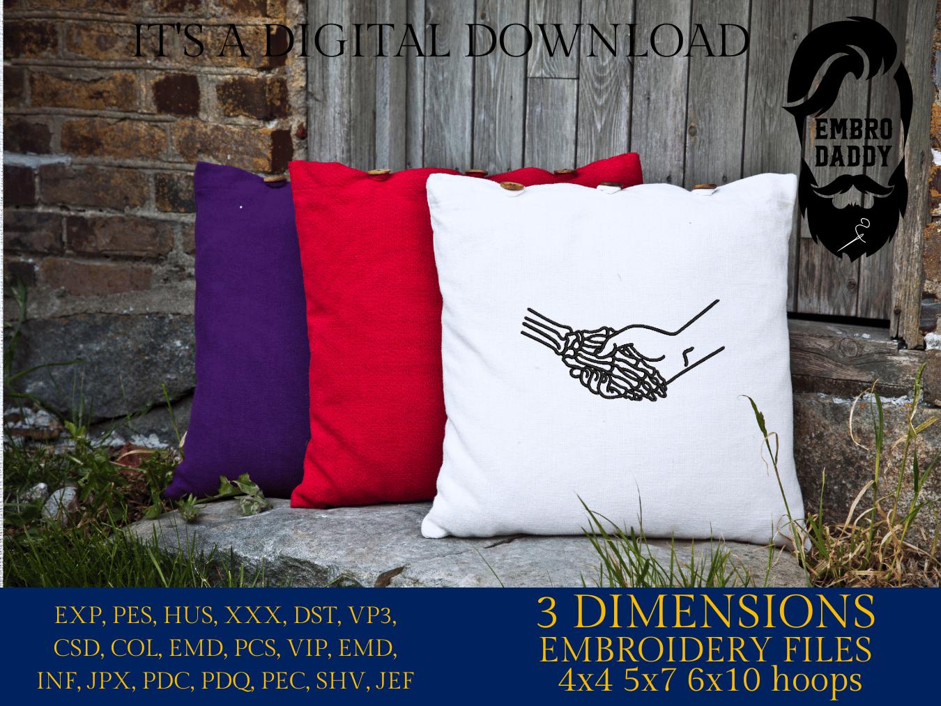 Machine Embroidery files, Handshake With Skeleton, Shake Hands, Gothic Bones, PES, xxx, hus & more