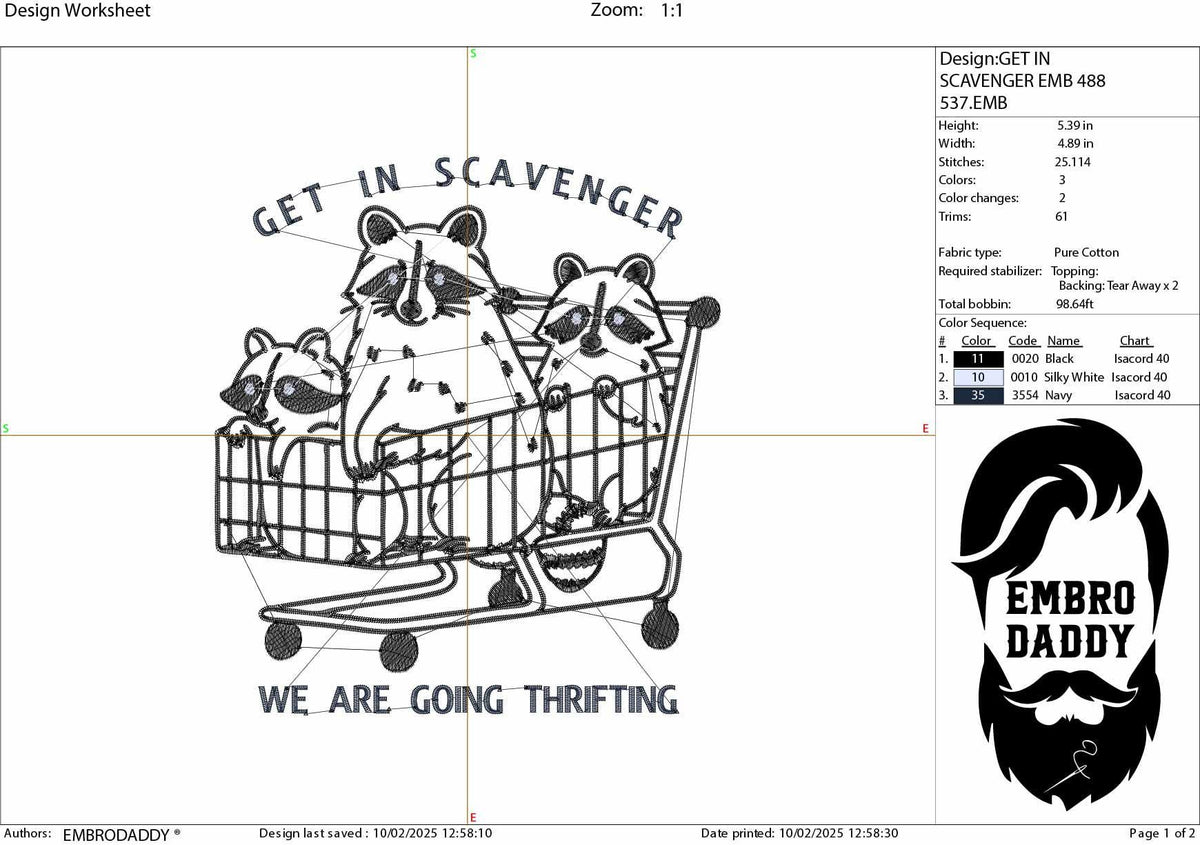 Machine Embroidery files, Get In Scavenger We're Going Thrifting Raccoon, Funny Quote Retro Vintage Trash Panda, PES, xxx & more