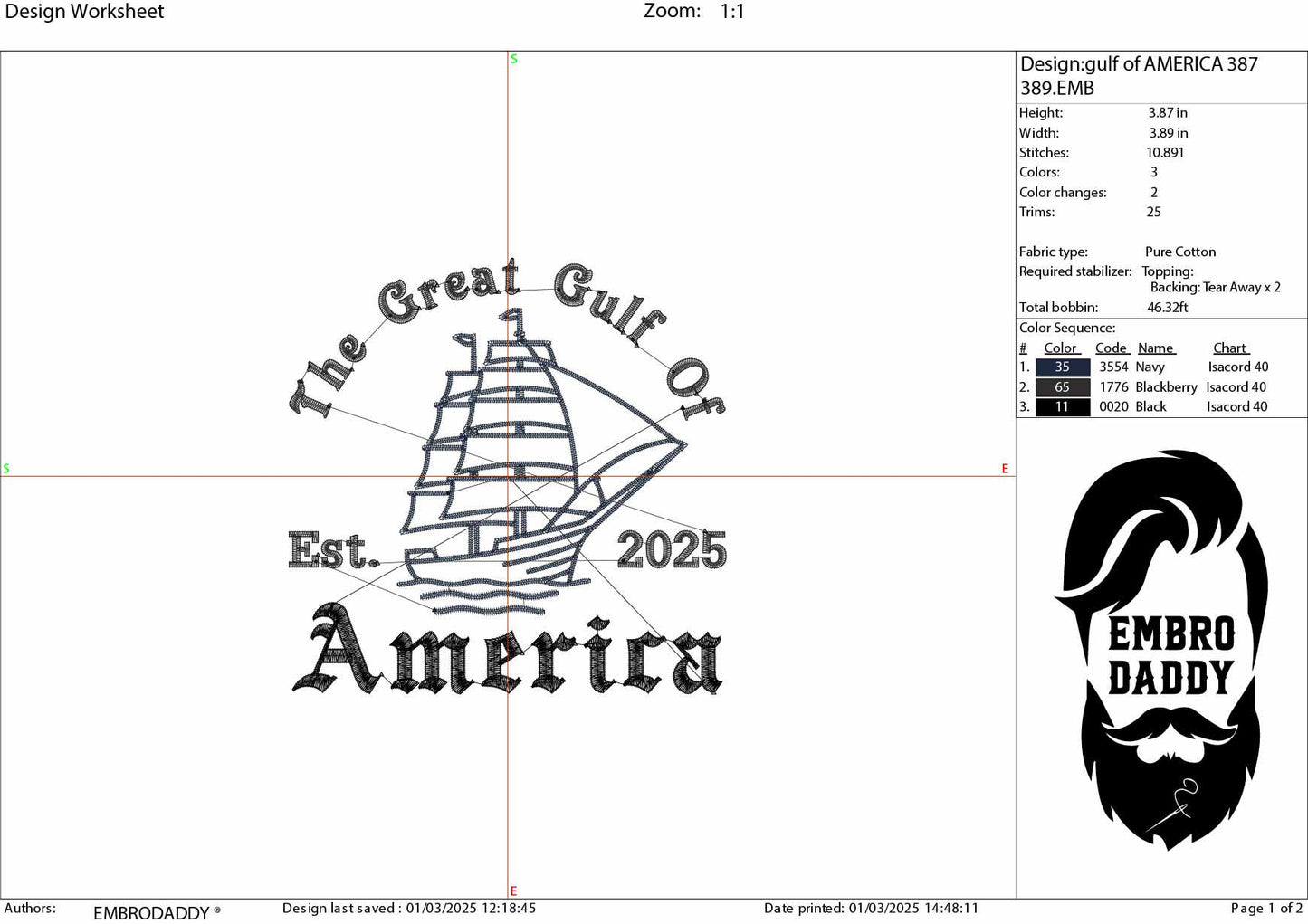 Machine Embroidery files, Great Gulf Of America Est. 2025 President Trump Best Viral Memes Map Cartography, PES, xxx, dst, hus & more