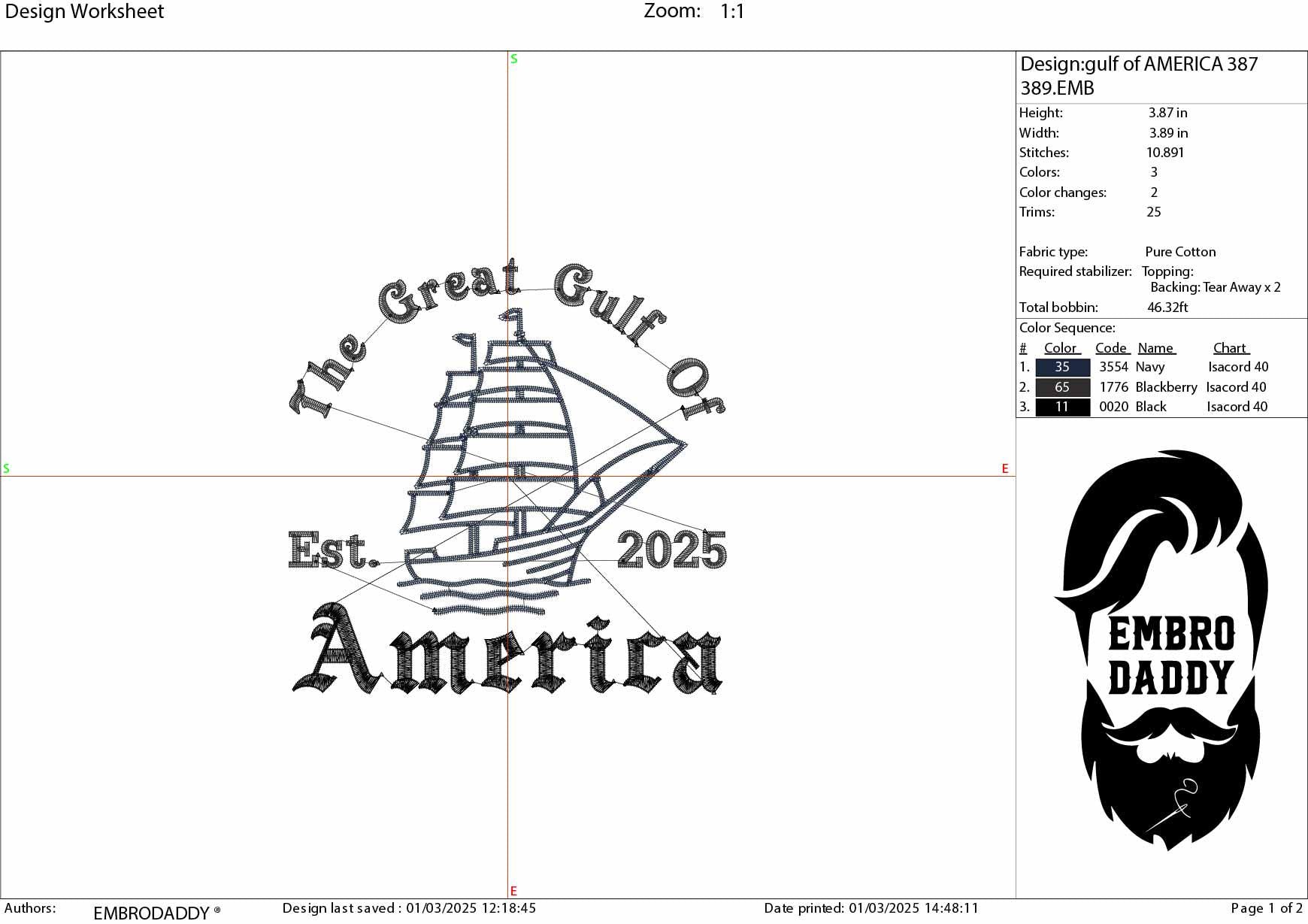 Machine Embroidery files, Great Gulf Of America Est. 2025 President Trump Best Viral Memes Map Cartography, PES, xxx, dst, hus & more