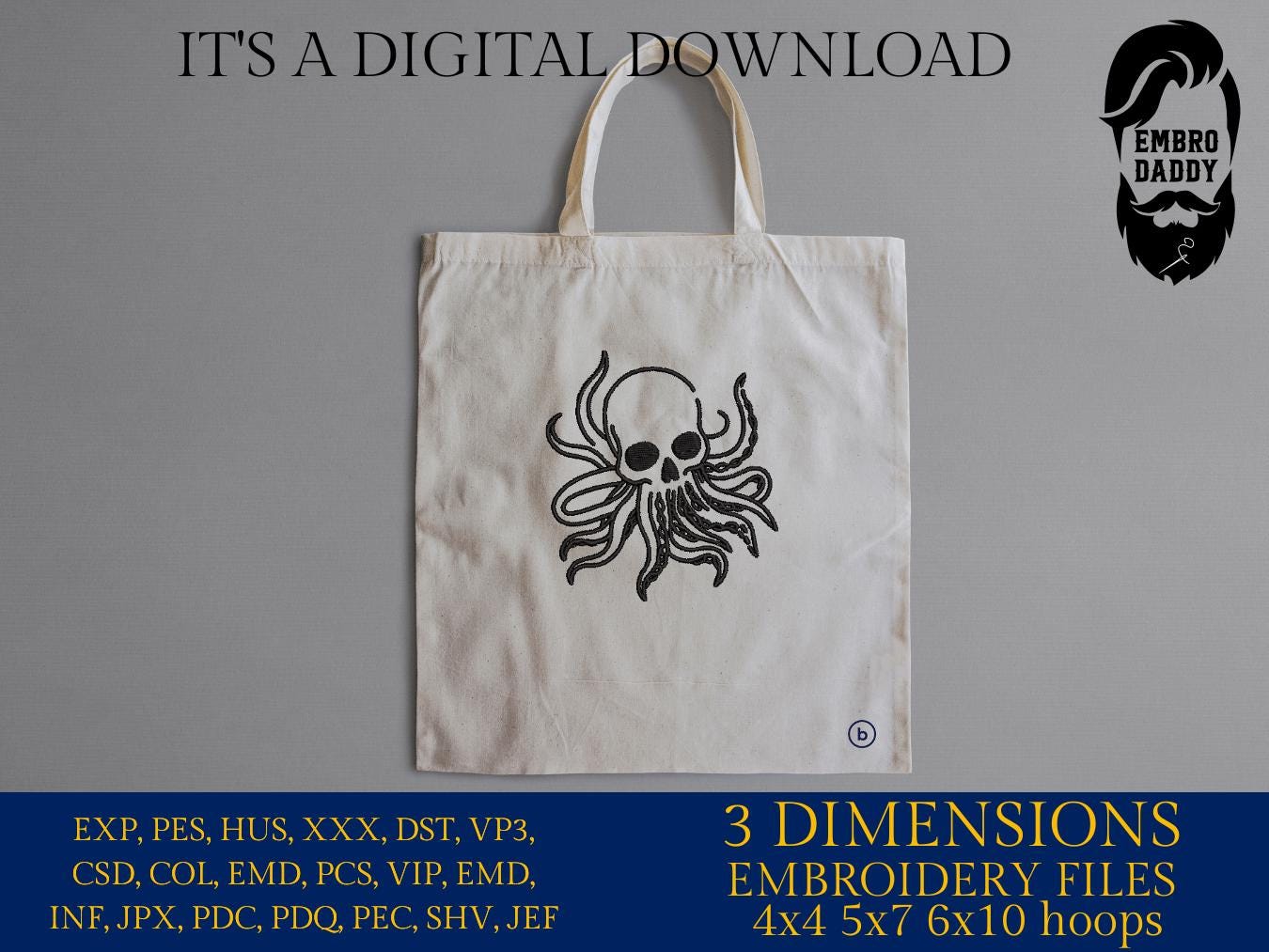 Machine Embroidery files, Skull Octopus, Tentacles, Ocean Sea Monster, Scary Monster, Halloween, Scary, PES, DST, xxx, hus and more
