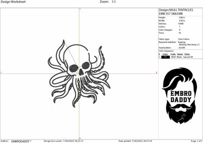 Machine Embroidery files, Skull Octopus, Tentacles, Ocean Sea Monster, Scary Monster, Halloween, Scary, PES, DST, xxx, hus and more