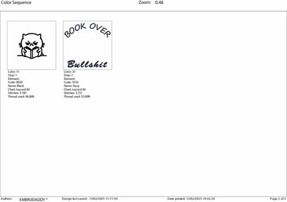 Machine Embroidery files, book over bullshit, Funny Cat Design, bookish Cat, PES, DST, xxx, hus & more