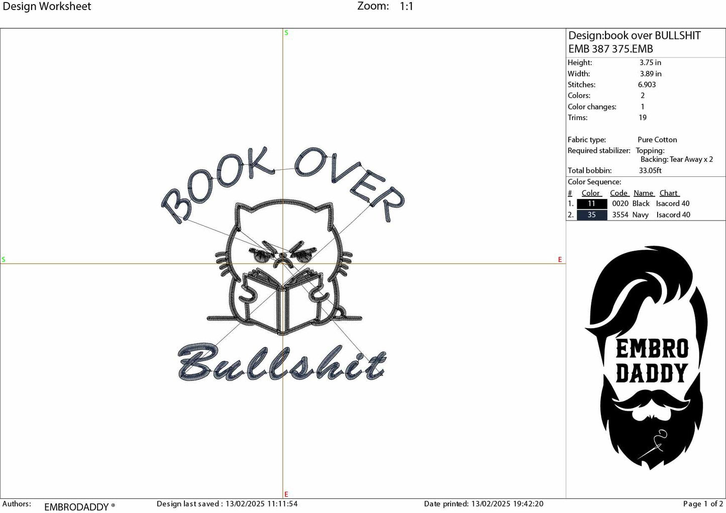 Machine Embroidery files, book over bullshit, Funny Cat Design, bookish Cat, PES, DST, xxx, hus & more