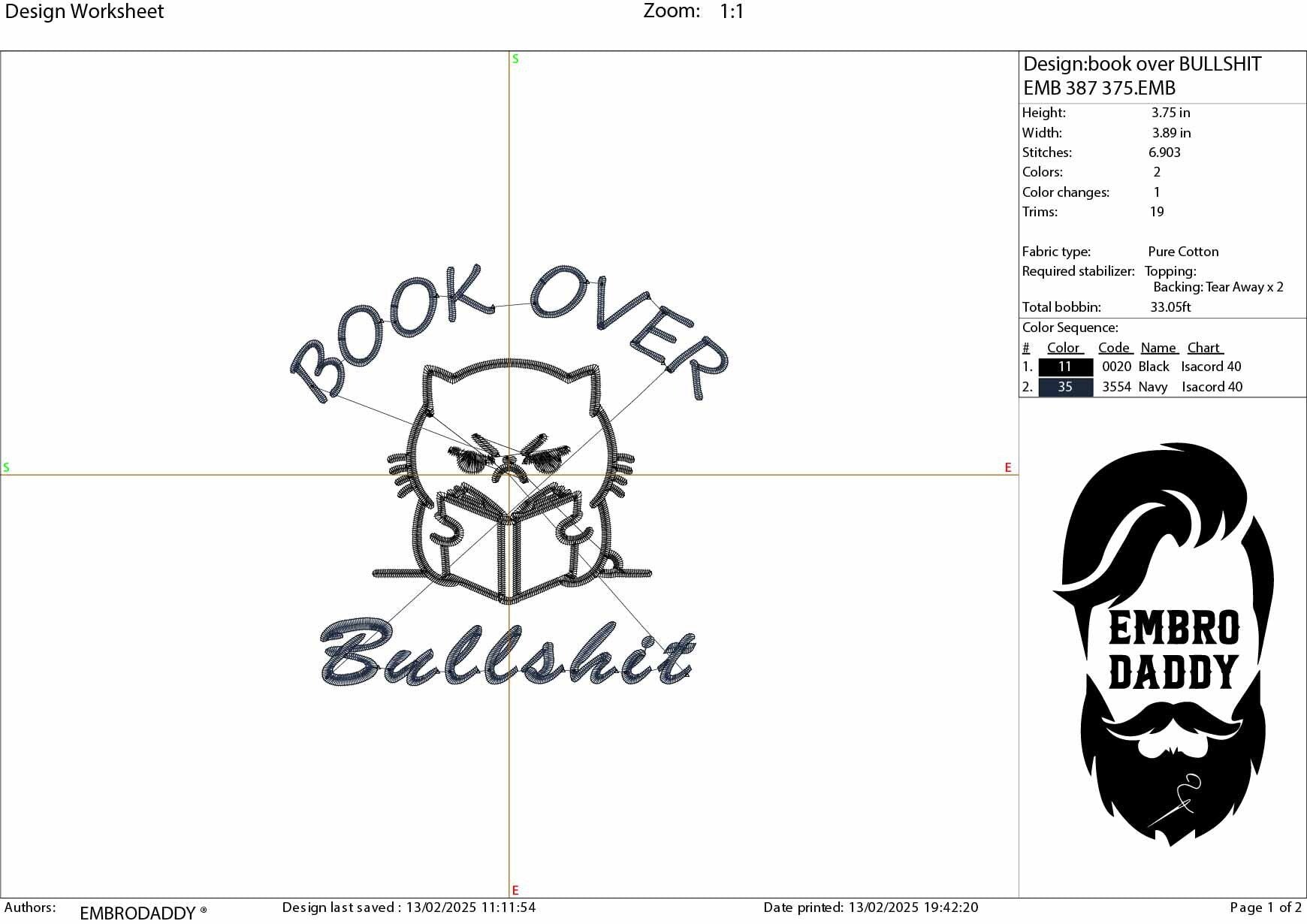 Machine Embroidery files, book over bullshit, Funny Cat Design, bookish Cat, PES, DST, xxx, hus & more