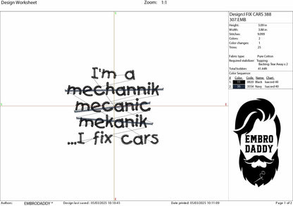 Machine Embroidery files, I'a a mechanic, fix cars, funny PES, DST, xxx, hus & more
