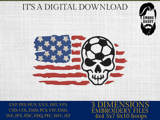 Machine Embroidery files, US Soccer Player Skull, American Team Sports, Usa Flag, PES, DST, xxx, hus & more