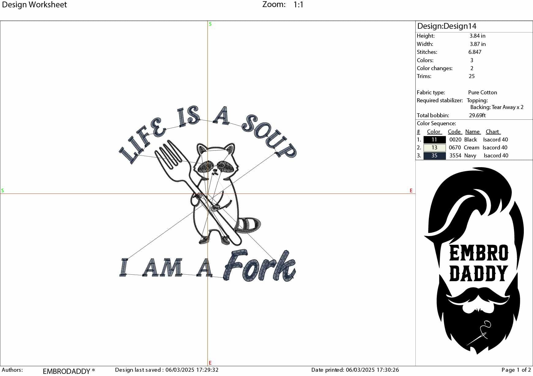 Machine Embroidery files, Life Is a Soup I Am a Fork, Funny, Sarcastic, Raccoon, PES, dst, hus & more