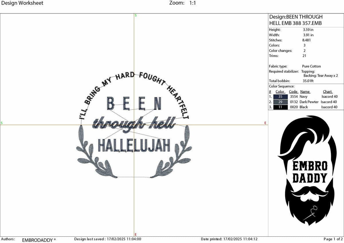 Machine Embroidery files, been through hell hallelujah, PES, xxx, hus, dst & more