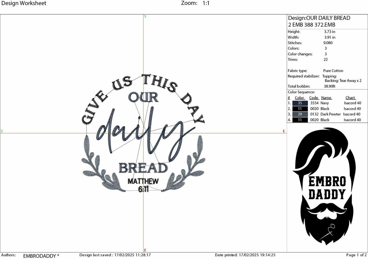 Machine Embroidery files, Lord's Prayer, Give us this day our daily bread, christian, PES, hus, dst, vp3 & more