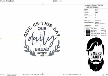 Machine Embroidery files, Lord's Prayer, Give us this day our daily bread, christian, PES, hus, dst, vp3 & more