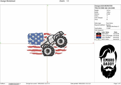 Machine Embroidery files, American Flag, Monster truck, PES, dst, xxx hus & more