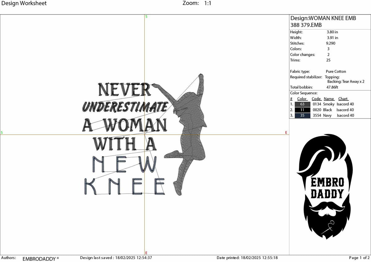 Machine Embroidery files, Never Underestimate A Woman With A New Knee, Funny Knee Surgery Recovery, PES, DST, xxx, hus & more