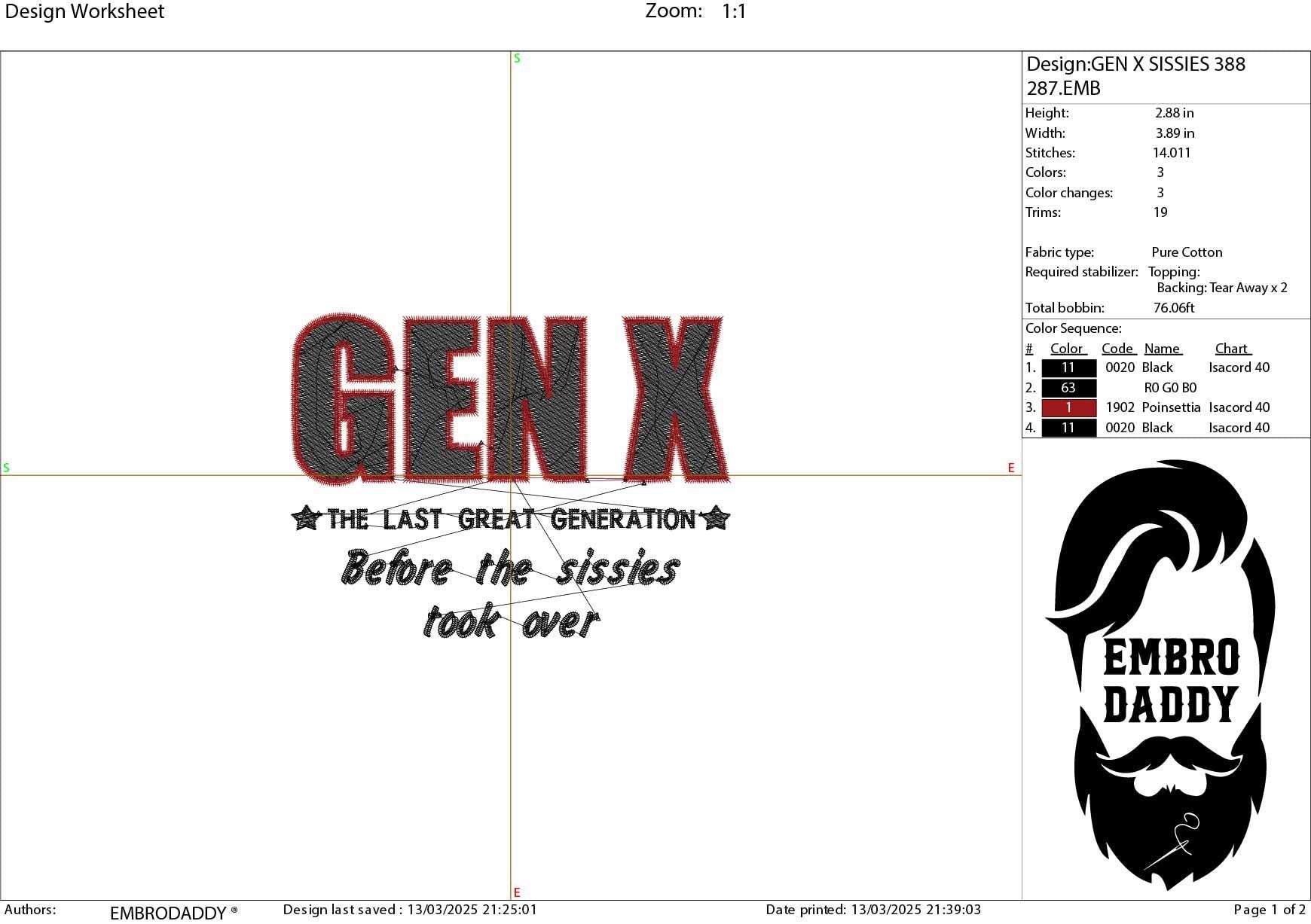 Machine Embroidery files, Generation X, the last great generation, PES, xxx, hus & more, embroidery files