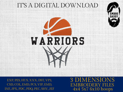 Machine Embroidery files, Warriors, Basketball, PES, dst, xxx, hus & more