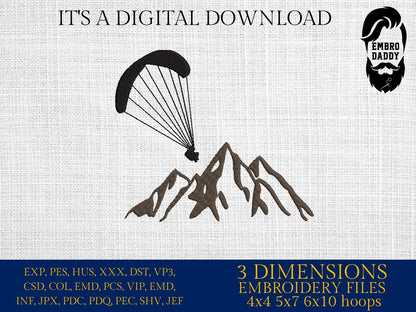 Machine Embroidery files, Paragliding skydive Mountain, paraglide, parachute, silhouette, high jump, PES, xxx, hus & more