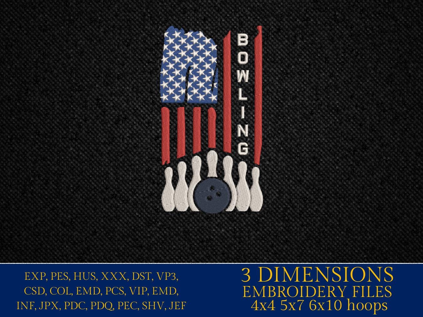 Machine Embroidery files, USA flag, bowling, PES, dst, xxx, hus & more