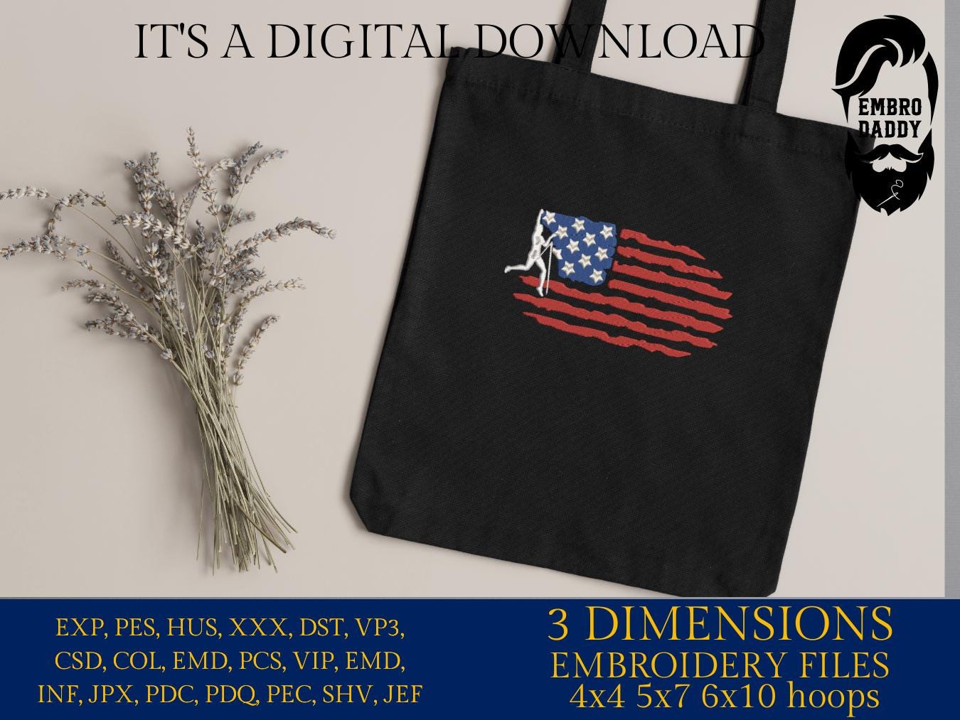 Machine Embroidery files, Usa flag Climber, embroidery files, climbling, PES, dst, xxx, hus & more