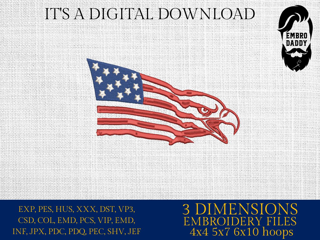 Machine Embroidery files, American Flag, eagle, PES, dst, xxx hus & more