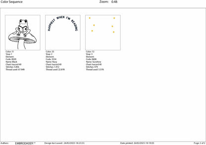 Machine Embroidery files, Happiest When I'm Reading, frog, funny, mushroom, PES, DST, xxx, hus & more