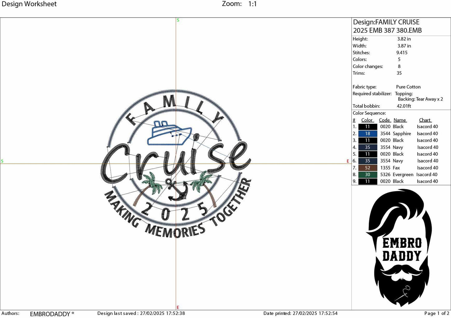 Machine Embroidery files, Family Cruise 2025, memories together, PES, xxx, hus & more, embroidery files