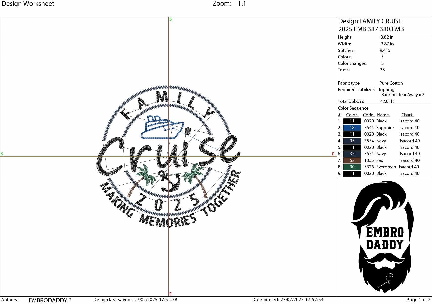 Machine Embroidery files, Family Cruise 2025, memories together, PES, xxx, hus & more, embroidery files