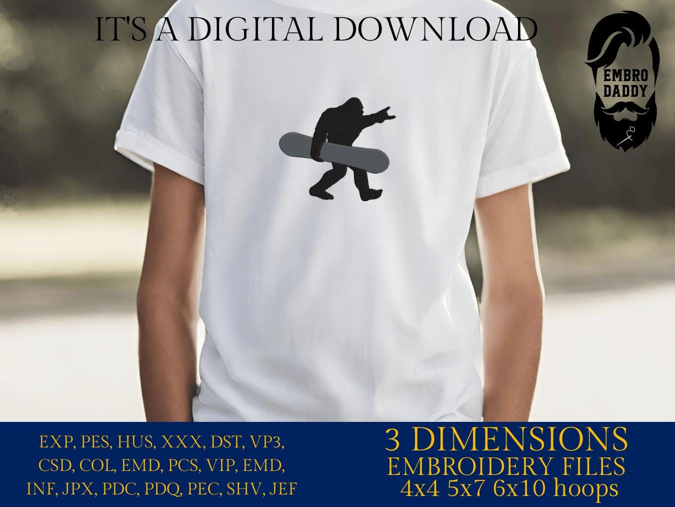 Machine Embroidery files, bigfoot snowboarder, PES, xxx, hus & more